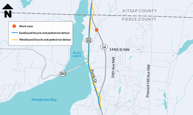 Detour map for bicycle and pedestrians around SR 16 work zone at Purdy Creek