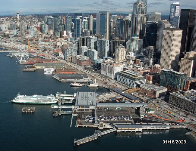 Aerial view of construction at Colman Dock; taken January 2023.