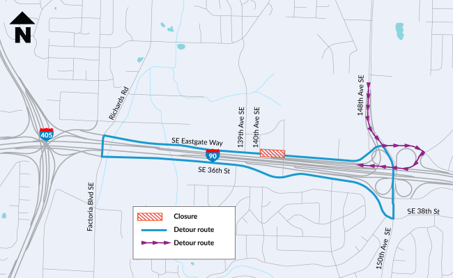 Map shows the detour route when Eastgate Way is closed for repairs to the 142nd Place Southeast overpass
