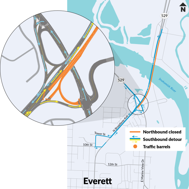A map showing East Marine View Drive to northbound SR 529 detour through local streets.