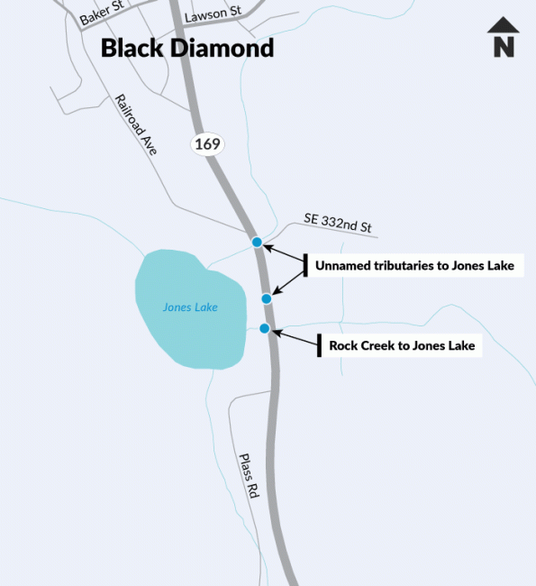 A map that shows the location of culverts that carry creeks under SR 169 near Jones Lake, south of Black Diamond.