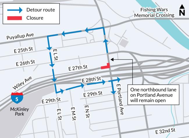 Detour map for partial closure of Portland Avenue and East 27th Street in Tacoma.