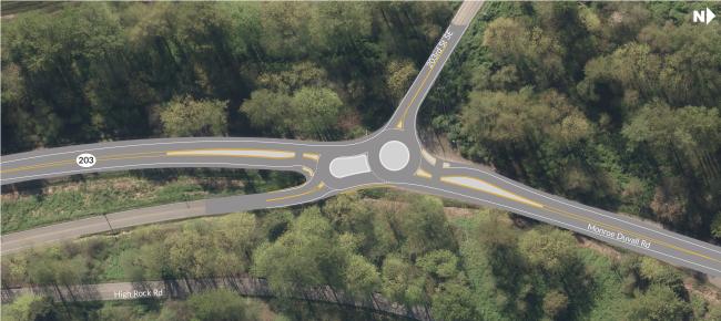 A graphic showing where WSDOT will build a compact roundabout on SR 203 at High Rock Road.