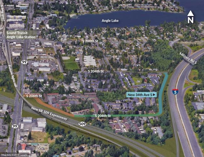 A map showing where South 206th and South 208th Streets intersect in SeaTac as part of the SR 509 Completion Project