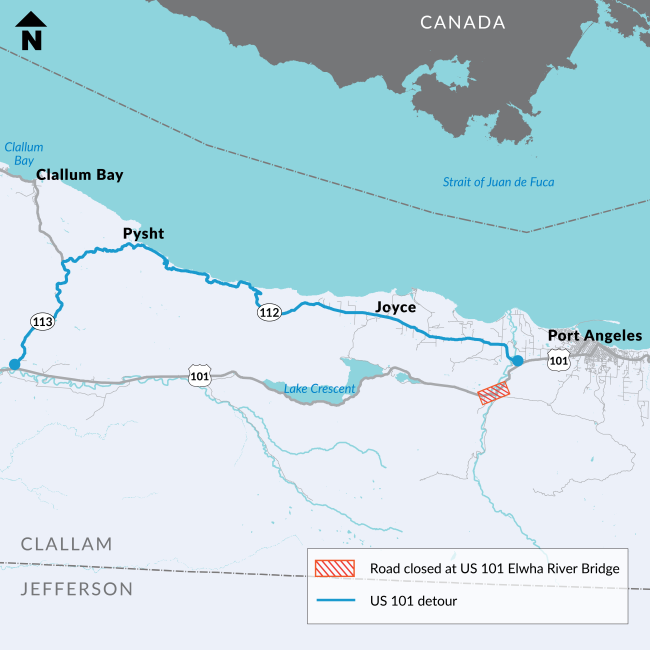 A map showing the detour around the Elwha River Bridge using State Route 112 and State Route 113 to travel between Port Angeles and Forks.
