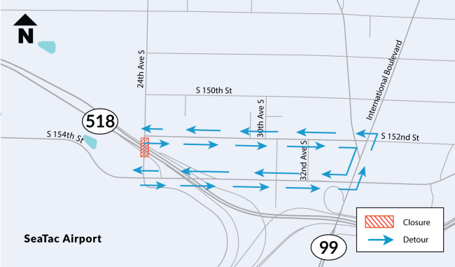 Map shows detour route for the 24th Avenue South bridge closure in SeaTac. Traffic will detour to International Boulevard using South 152nd and 154th streets.