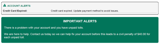A pair of boxes from a toll bill highlighting important information about a user's account. It notes a credit card has expired and an update is needed to keep your account in good standing. 