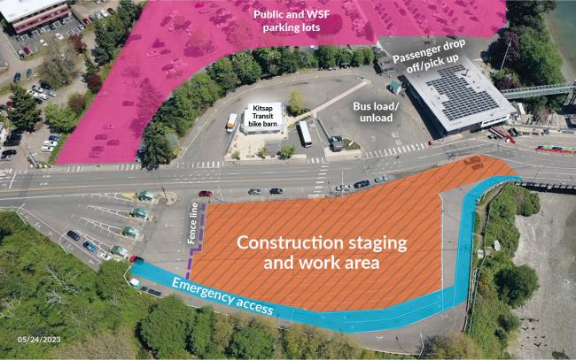 Graphic showing work and staging zone during walkway installation.