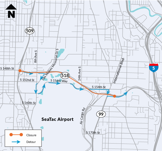 Map shows the detour route when eastbound SR 518 is closed in Seatac. Detour uses Des Moines Memorial Drive South, Eighth Avenue South, South 156th Way, South 154th Street and International Boulevard.