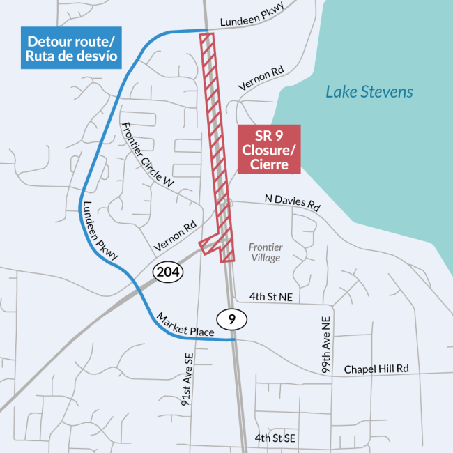 Map shows closure of State Route 9 between Lundeen Parkway and SR 204 in Lake Stevens for the construction of a second multi-lane roundabout.