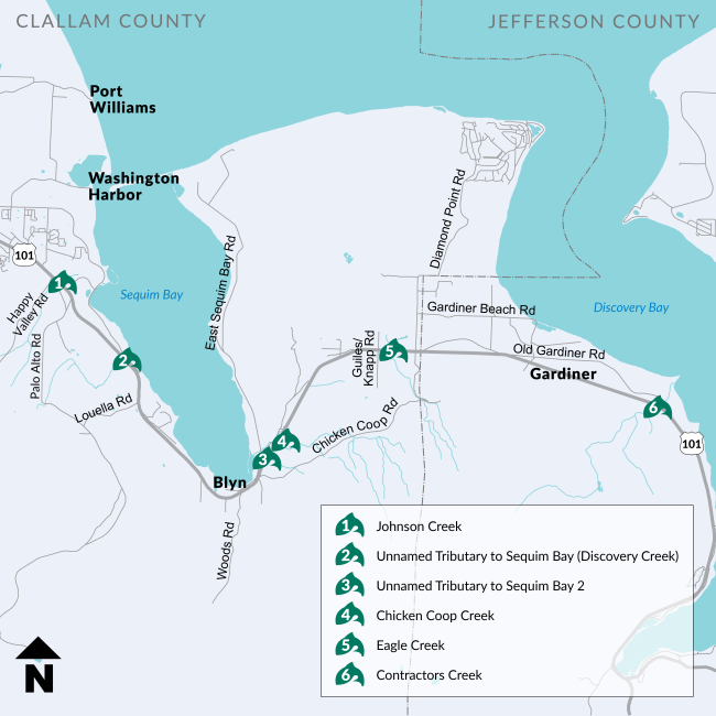 Map of six culvert locations labeled under US 101 in Jefferson and Clallam counties.