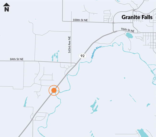 A map of SR 92 in the Granite Falls area with an orange dot marking a construction zone just south of Sleepy Hollow Road.