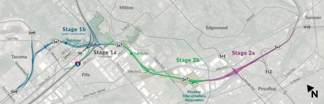 A map showing the stages of construction for the SR 167 completion project in Pierce County, WA