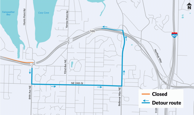 A map showing the detour for the 84th Avenue Northeast to westbound SR 520 onramp closure.