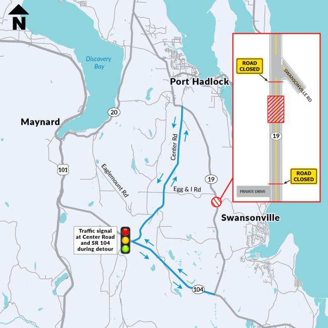 A map that shows a road closure on State Route 19 near Port Ludlow. The hard closure is shown between Swansonville Road and a private drive. A detour route depicts a blue line down Center Road to State Route 104.