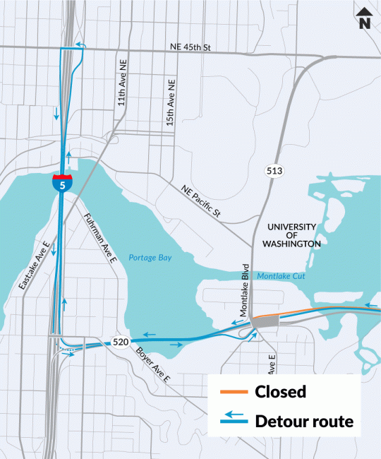 A map showing the detour for the westbound SR 520 offramp to Montlake Boulevard closure.