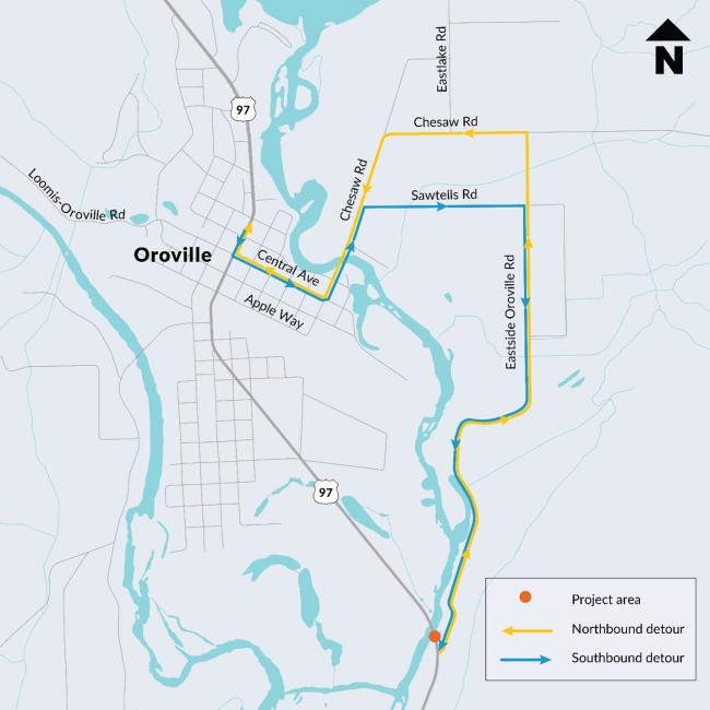 Detour map for the US 97 Oroville railroad crossing repairs project scheduled through Oct. 5.