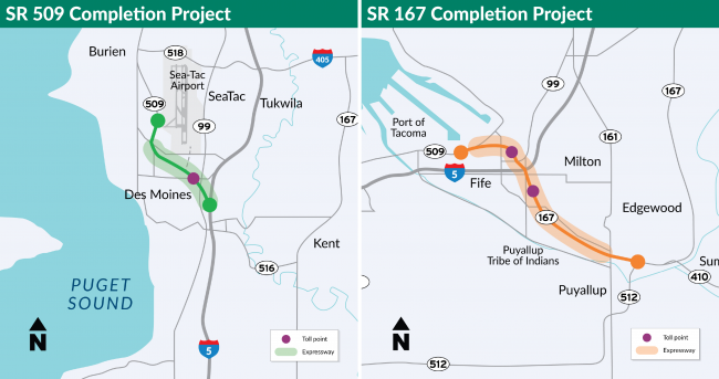 There will be one electronic toll point on the SR 509 Expressway in SeaTac and two toll points on the SR 167 Expressway - one between I-5 and the Port of Tacoma and another between Puyallup and I-5