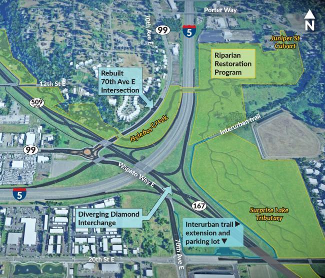 This map highlights the 150 acres that will be restored near I-5 and SR 167