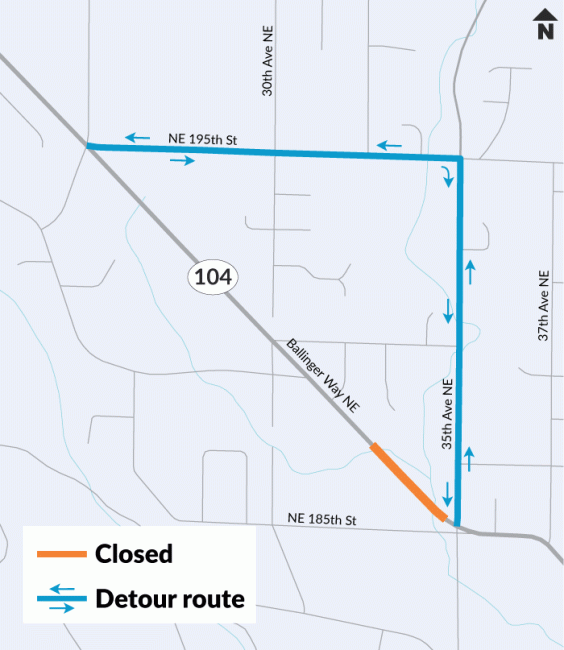 A map showing the detour route for the Ballinger Way closure.