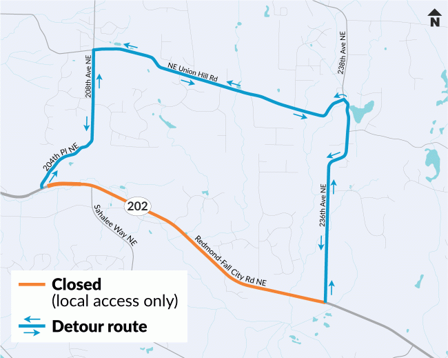 A map showing the detour route for the SR 202 closure.