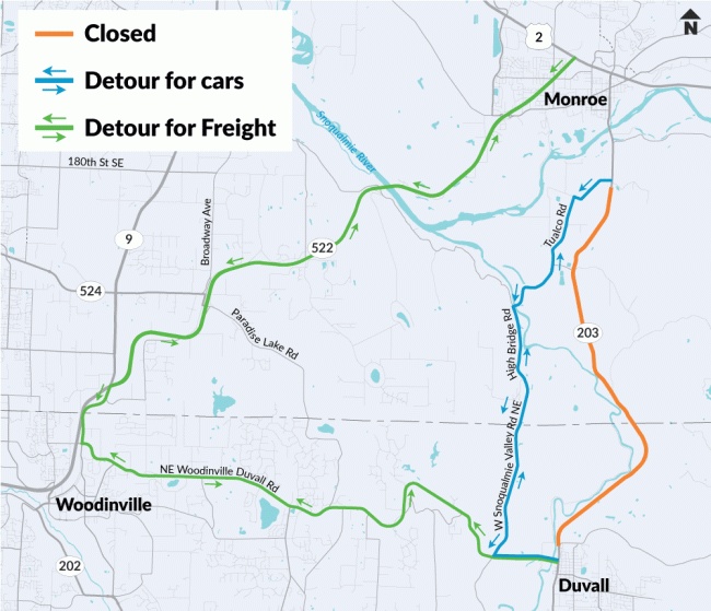 A map showing car and truck detours for SR 203.