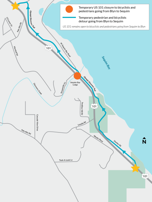 View full image of map of US 101 between Blyn and Sequim showing temporary US 101 closure to bicyclists and pedestrians going from Blyn to Sequim. US 101 remains open for bicyclists and pedestrians going from Sequim to Blyn. Yellow stars show detour route from US 101 to Olympic Discovery Trail 