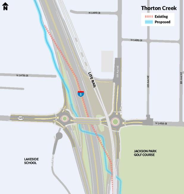 A map showing Thornton Creek’s new creek alignment with three fish-passable structures.