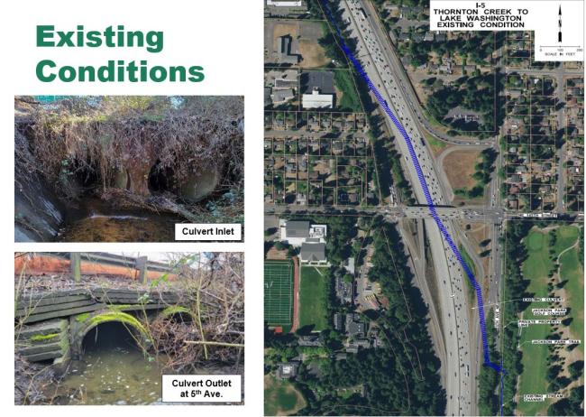 A photo showing the existing Thornton Creek culverts as they cross under I-5 that do not allow fish to pass.