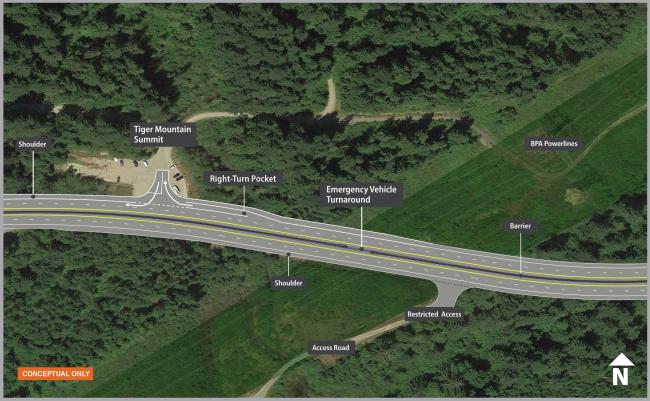 A map showing SR 18 improvements at Tiger Mountain summit, including right0in, right-out access.