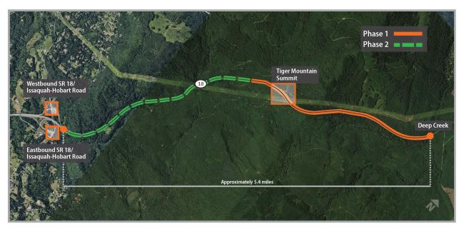 A map showing the areas for improvement on SR 18 between Issaquah-Hobart Road and Deep Creek.