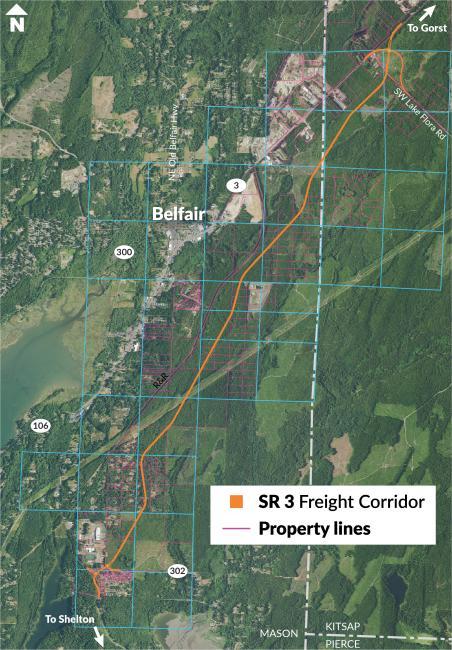 A map showing the new SR 3 Freight corridor spanning Kitsap and Mason Counties. The map shows parcels and properties where the new roadway will be built.
