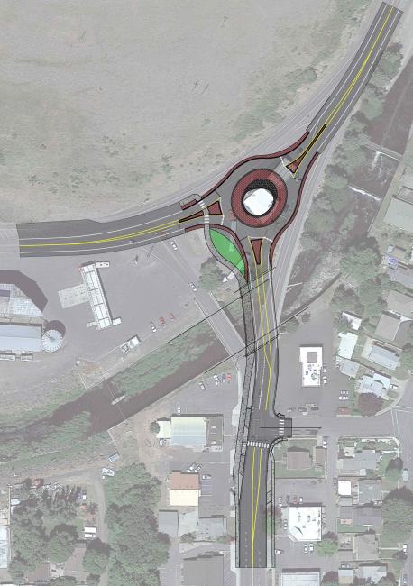 A map of the design rendering for a roundabout at the intersection of US 195 and SR 26 in the town of Colfax. 