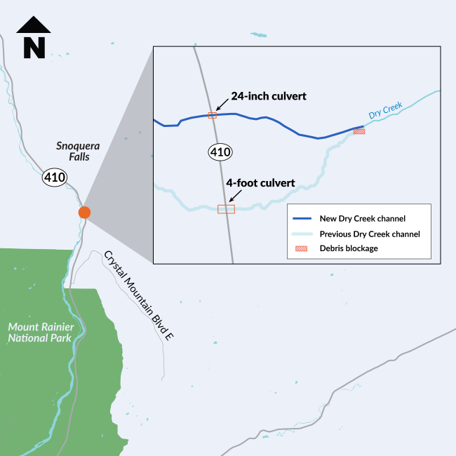 Location of Dry Creek's old and new paths following a November 2022 debris flow along State Route 410 near Mount Rainer National Park.