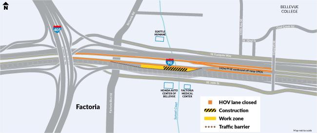 A map showing a lane shift to the right on eastbound I-90 in Bellevue