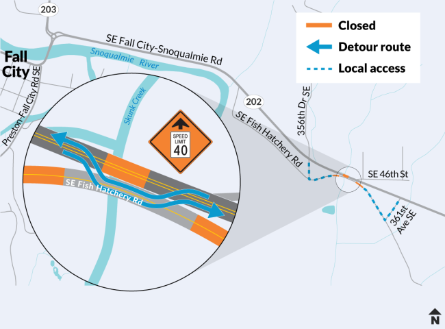 A graphic showing the detour planned for construction of two new bridges over Skunk Creek along SR 202 near Fall City.