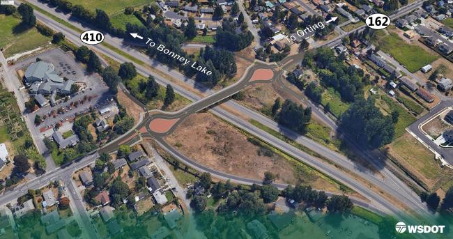 Birds-eye view of the SR 410 and SR 162 interchange. Design visualization shows completed roundabout project. Left arrow to Bonney Lake. Right arrow points to Orting. WSDOT flying T logo at bottom.