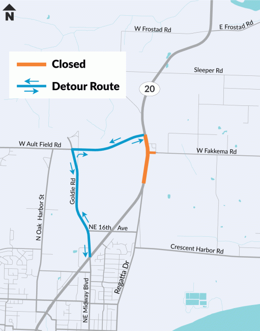 A map with blue lines showing the detour around the work zone on SR 20 at West Fakkema Road.