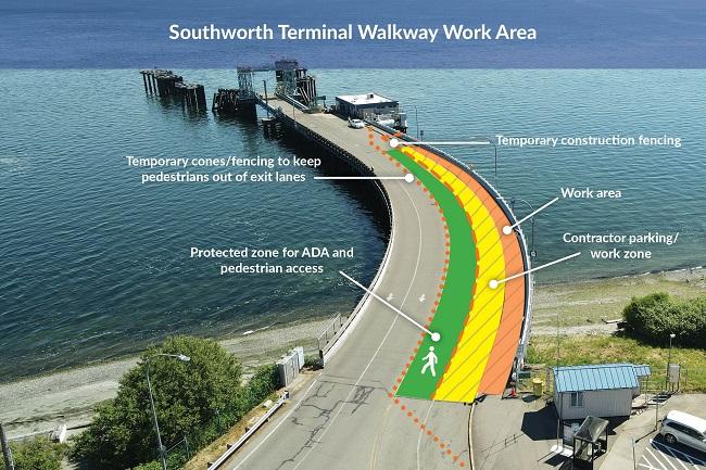 Graphic overlay of aerial of Southworth terminal showing locations of construction activities
