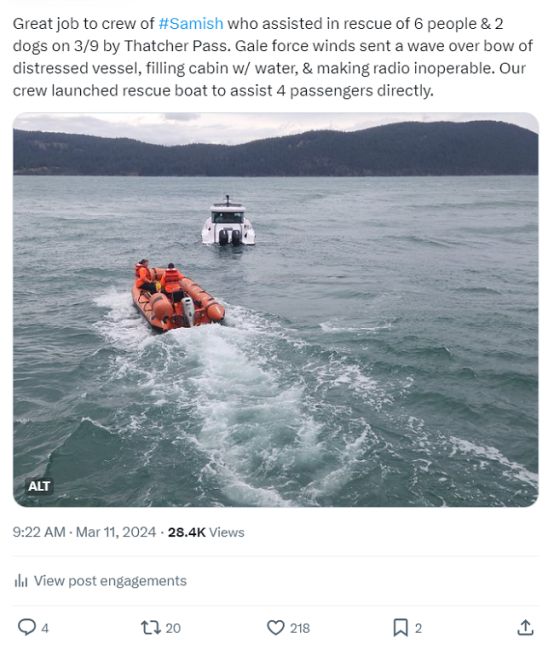 Screenshot of March 11 X post with photo of ferry recue boat going to a vessel in distress