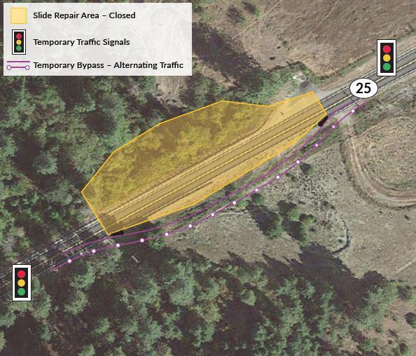 Aerial photograph of location of culvert replacement project on SR 25 near Hunters. A yellow area is highlighted around the closure area. Purple lines are drawn adjacent to the northbound lane to show location of temporary bypass lane.
