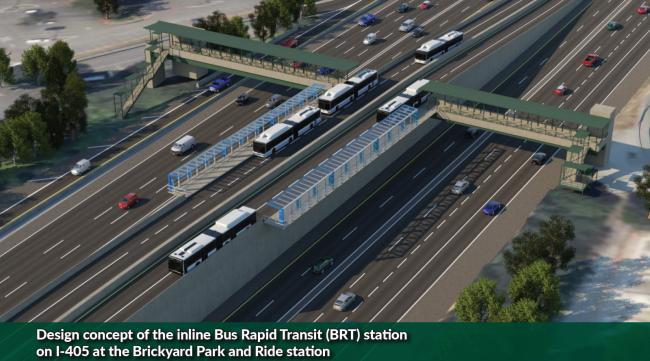 This is a visual rendering showing the design concept of the inline Bus Rapid Transit (BRT) station on I-405 at the Brickyard Park and Ride station.  Please note, this is a conceptual design and details are subject to change