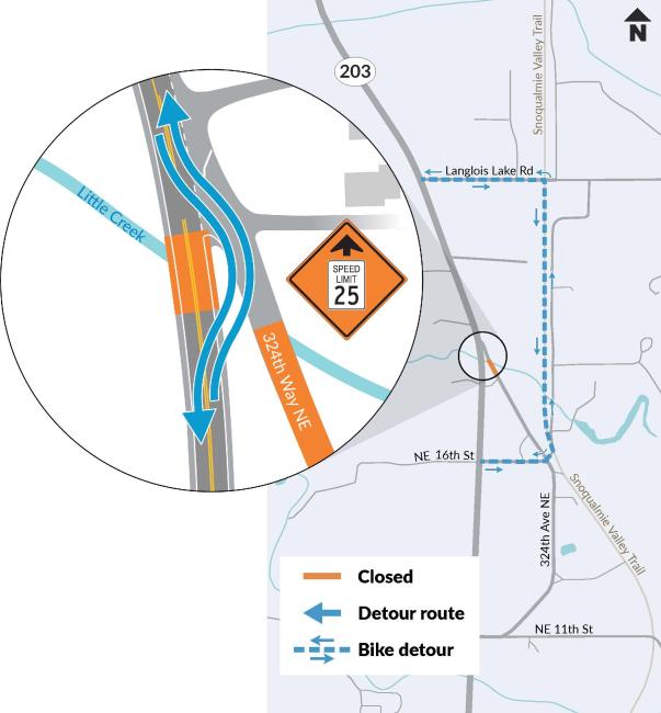 A map showing the detour on SR 203 for fish passage barrier removal. 