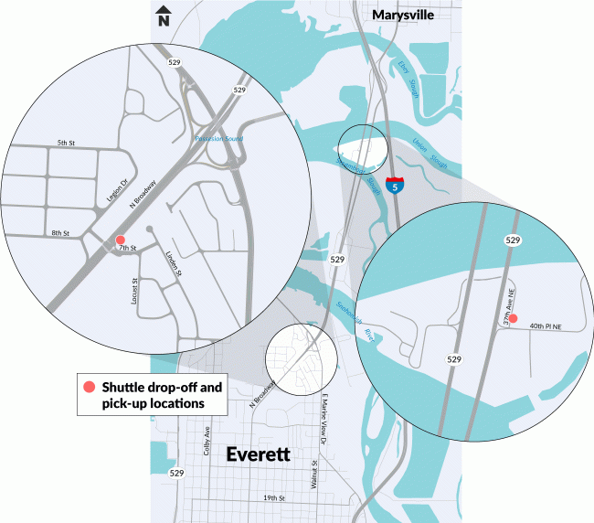 A map showing the pick-up/drop off locations for the SR 529 shuttle, at Seventh Street and Broadway in Everett and at 37th Avenue NE and 40th Place NE.