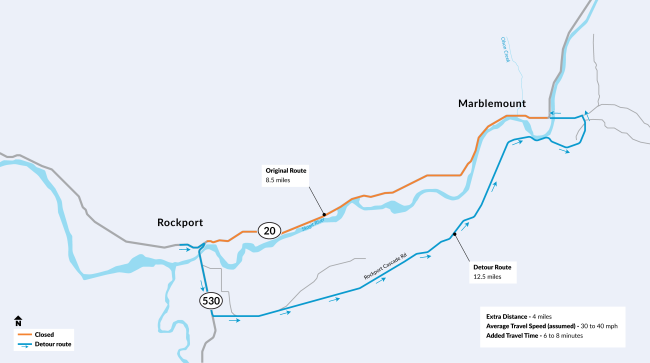 Map shows detour route during the full closure of SR 20.