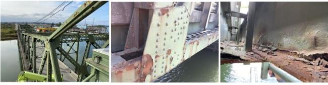 Three photos showing rust on the top, side and inside of the SR 529 Steamboat Slough Bridge.