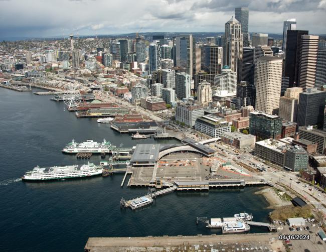Aerial view of Colman Dock and Seattle waterfront from April 2024