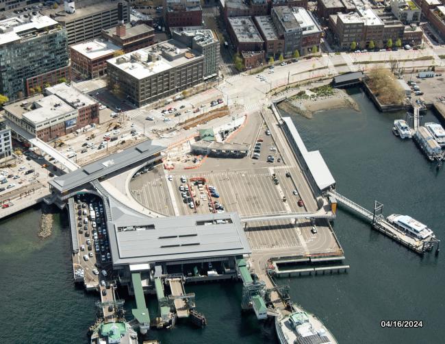 Aerial view of Colman Dock with two ferries in the slips, April 2024. 