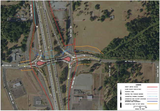 Aerial view of a highway interchange at I-5 and NE 179th Street with indicated construction plans.