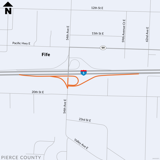 View full image of map showing Interstate five at 54th Avenue in Fife with orange lines on the ramps and section of 54th Avenue where paving work will take place.